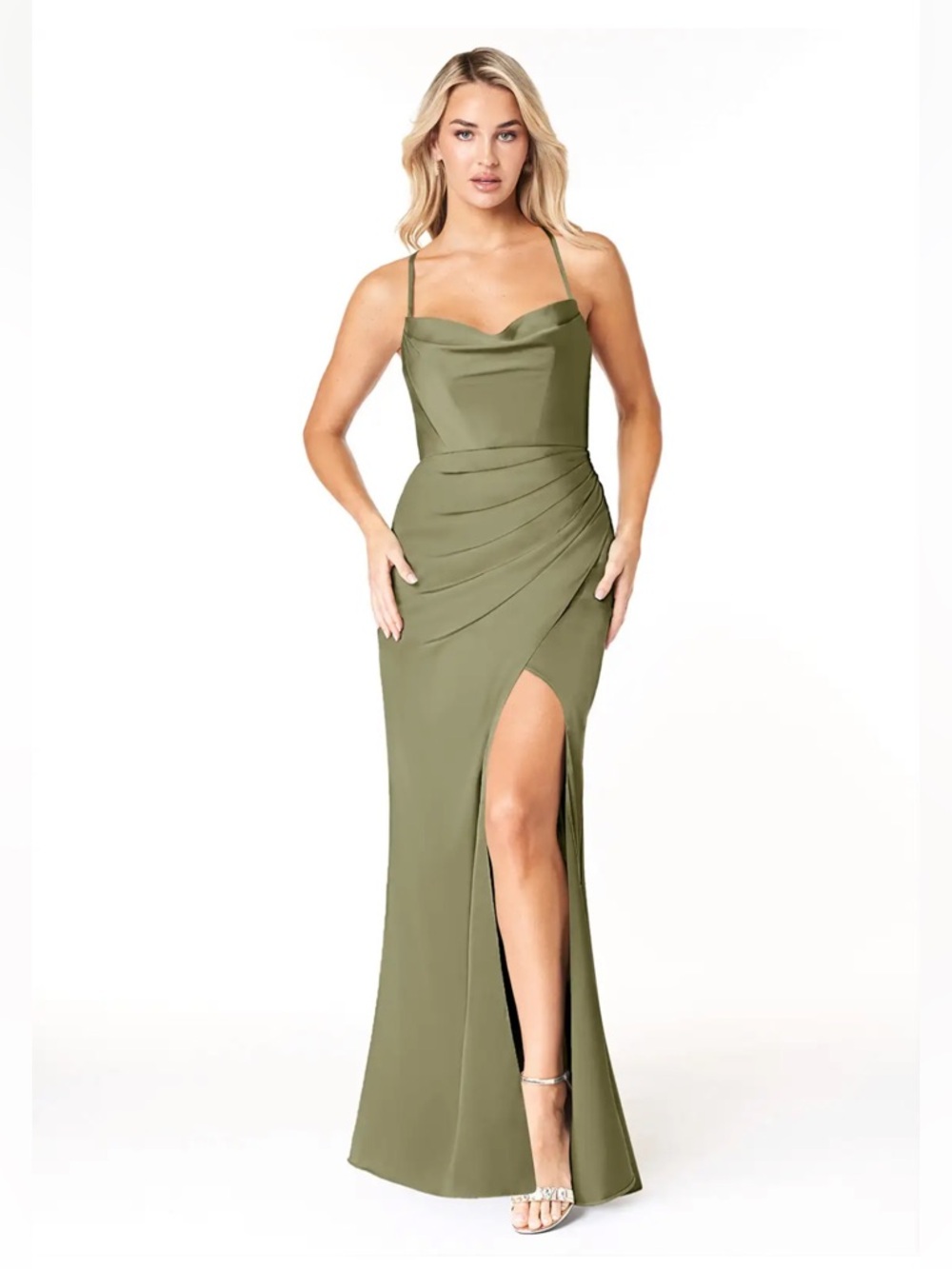 WORN ONCE Azazie Marzia Stretch Satin Dress Pistachio Size 8
